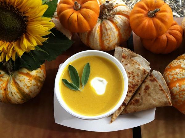 Sunday Special - Pumpkin Soup made with our farm pumpkins and served with cheese quesadilla.  Ono!