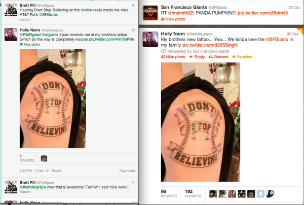 Cory_Nann's tweet photo. @PillzRgood @thehollygrace @SFGiants talking about it, 192 favorites, 96 retweets. DON'T STOP BELIEVING http://t.co/r0GlPgOB