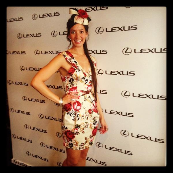 Leah De Niese from #HouseHusbands today at the #MelbourneCup wearing #NatashaGan dress thanks to <a href="/Golightly_PR/">Golightly</a>