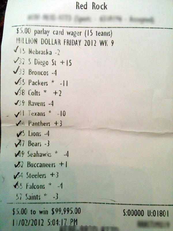 RJinVegas's tweet photo. Imagine that Vegas night! $5 winning parlay ticket paid $100,000!  (h/t @ViewFromVegas) http://t.co/yTlNDctB