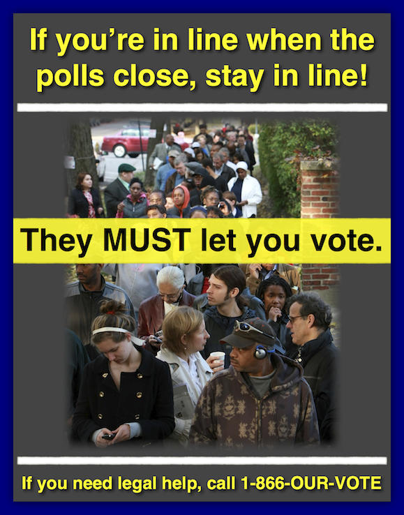 MoveOn's tweet image. If you haven't voted, get to your polling place! As long as you're in line before the polls close, you can still vote.