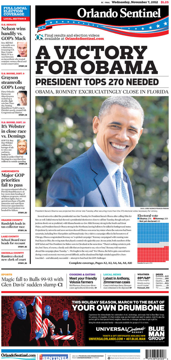 orlandosentinel's tweet photo. Here's an early edition of our front page tonight. #election2012 #cfelection http://t.co/X9nssYvD