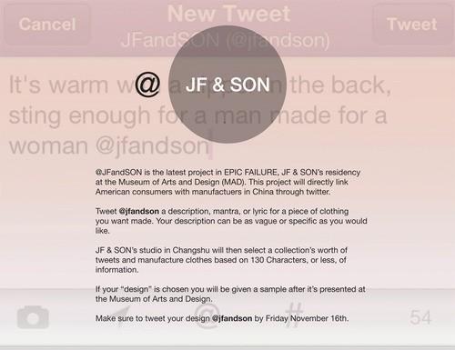 JFandSON's tweet photo. Hey followers, Tweet a design @JFandSON and we'll make it! @MADMuseum #china #AMERICA #Experimentaldesign #fashion http://t.co/QEGjFMTO