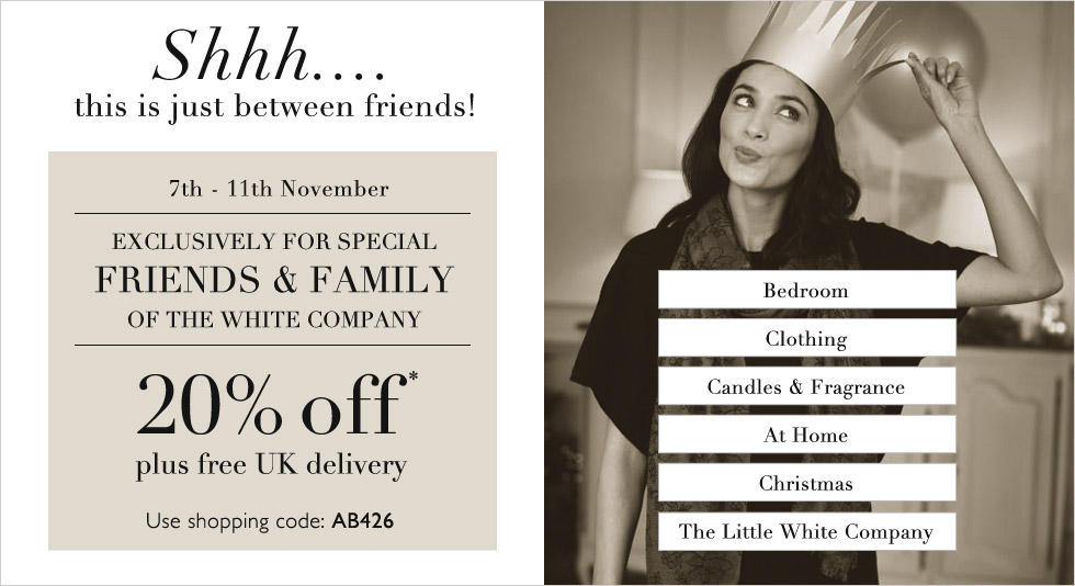 DraftBlog's tweet image. Treat yourself at TheWhiteCompany with this 20% off Friends and Family Code but shhhh its a secret ;-) #TWCVIP
