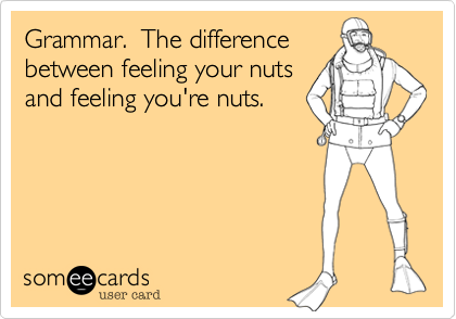 jenreallyno's tweet image. Grammar. The difference between feeling your nuts and feeling you&apos;re nuts. #WriterFun #GrammarNerds via @someecards