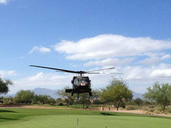 Dbacks's tweet photo. Fore! Blackhawk helicopter from Arizona Army National Guard lifts off before our golfers tee off! #DbacksGolf http://t.co/Iim4j09a