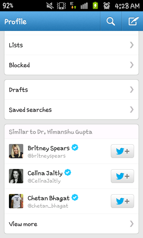 drhimgupta's tweet photo. Feel awesome as twitter is showing me SIMILAR to u peoples #Respect @britneyspears @chetan_bhagat @CelinaJaitly http://t.co/Qtb6WI7U