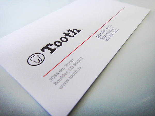 ToothLLC's tweet photo. Tooth business card. Deboss. Foil stamp - black/red. Offset. 130# Cougar. http://t.co/Yy5I5EJ8