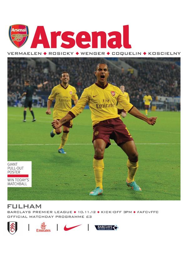Arsenal's tweet photo. The iPad edition of the Fulham Matchday Programme is available NOW! http://t.co/ZfiTHXSp Here's how the cover looks: http://t.co/AKpg91Ny