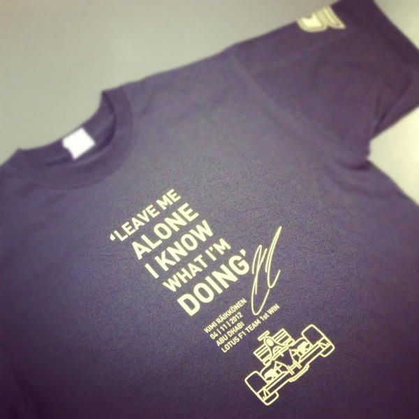 AlpineF1Team's tweet photo. RT if you want the @Lotus_F1Team #Kimi celebration shirt to be available from our store! #F1 http://t.co/fq3DQo8R