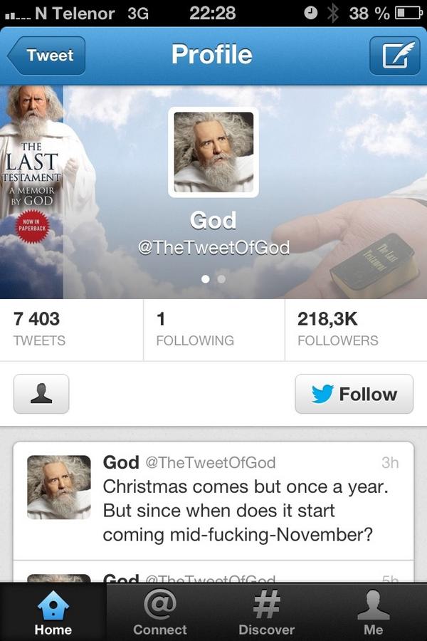 perell's tweet image. Gud, eller @TheTweetOfGod som han heter på twitter, følger kun én person. Gjett hvem