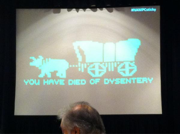 TarHeelKate's tweet photo. Best ever example of a sticky memory - Oregon Trail! #nerdsunite #NAMPC http://t.co/4XXQS1OS