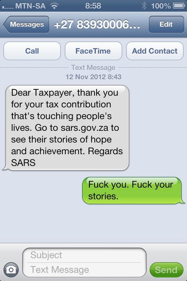 GarethCliff's tweet photo. My response to a touching SMS from SARS: http://t.co/OX9dAmuA
