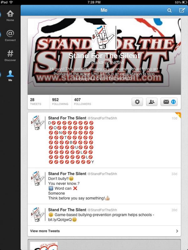 StandForTheShh's tweet photo. 400+ followers! 400 people standing up to Stand For The Silent! We need more people united! 550+ :) 
STOP BULLYING.!! http://t.co/8rLwFL74