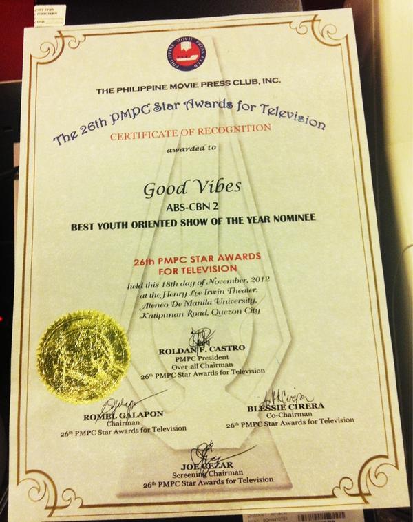GoodVibes_Crew's tweet photo. Thank you for the recognition and Best Youth-Oriented Show of the Year nomination, PMPC Star Awards. :) #GoodVibes http://t.co/hLy7i0VU