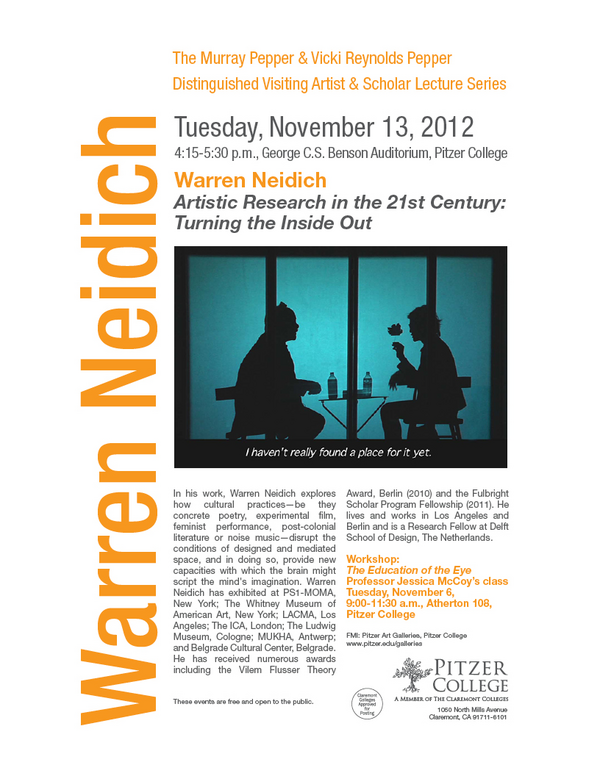 pzalumni's tweet photo. TODAY: Murray and Vicki Reynolds Pepper Distinguished Artist Lecture at Pitzer College: Benson Auditorium 4:15 - 5:30 http://t.co/JNhaU4WY