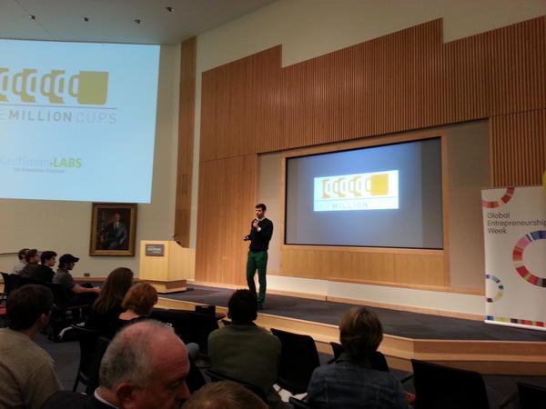 TheMarcus's tweet image. It's @1millioncups in the BIG room at @KauffmanFDN, and @NTOTelegraph is looking gooooood. #movember #greenpants #tie