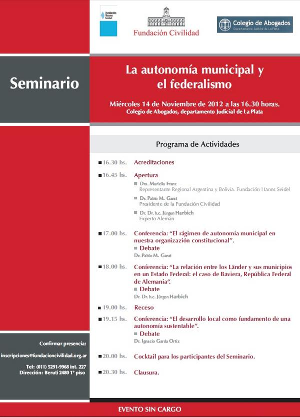 Hoy Seminario sobre Autonomia Municipal y Federalismo en el Colegio de Abogados de #LaPlata
