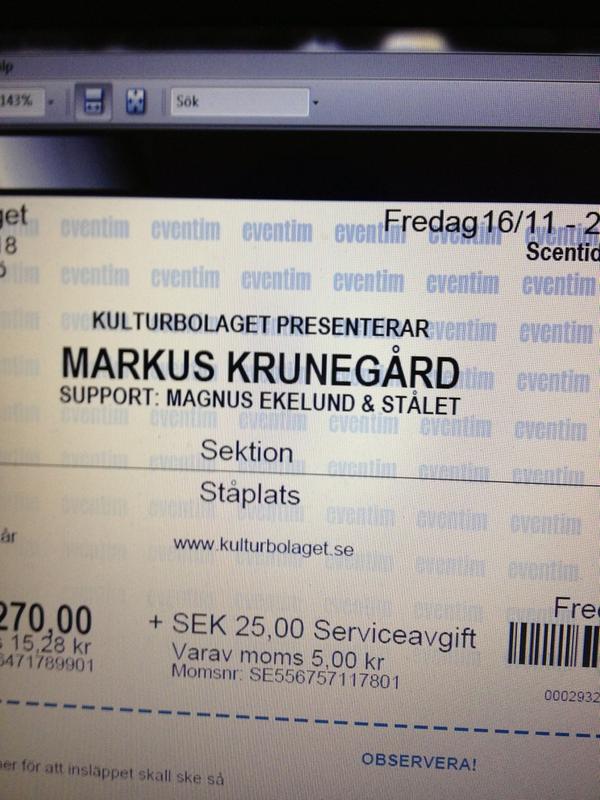 Biljett inköpt till i morgon kväll. #KB #markuskrunegård