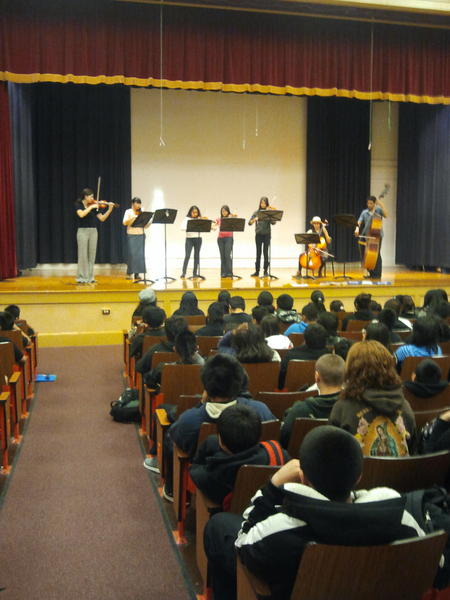 JSMusicprogram's tweet photo. The Curie High School Chamber Orchestra came to visit the Spry Orchestra. http://t.co/PQmN4XHS