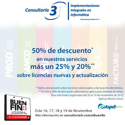 Consultoria3i's tweet image. Factura Electrónicamente por la mitad de precio, sólo este buen fin. #ElBuenFin consultoria3i.com/inicio/elbuenf…