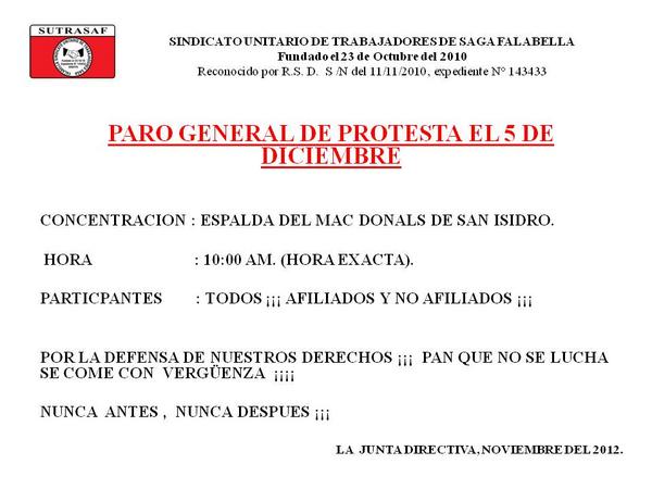 SUTRASAF's tweet photo. ESPERAMOS A LA PRENSA NACIONAL Y EXTRNAJERA INDEPENDIENTE, AL PARO DE PROTESTA  DEL 5 EN SAN ISIDRO A LAS 11:00 AM. http://t.co/t46BF8Oj