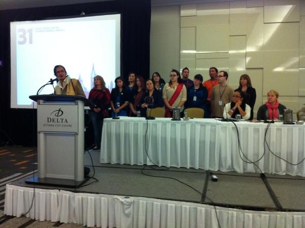 cfsns's tweet image. Photo: Aboriginal elder Annie and reps from the Aboriginal Caucus @ #fcee12 closing #cfsfcee