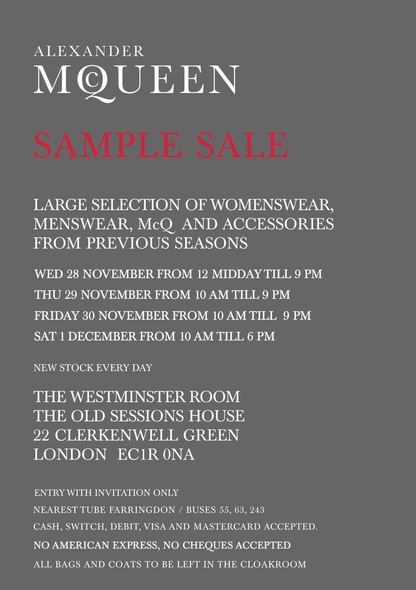 Twitter 上的Alexander McQueen："The Alexander McQueen sample sale has begun! Join us today 1st December @ 22 Clerkenwell Green London EC1R 0NA http://t.co/DM8Lhfp0" / Twitter