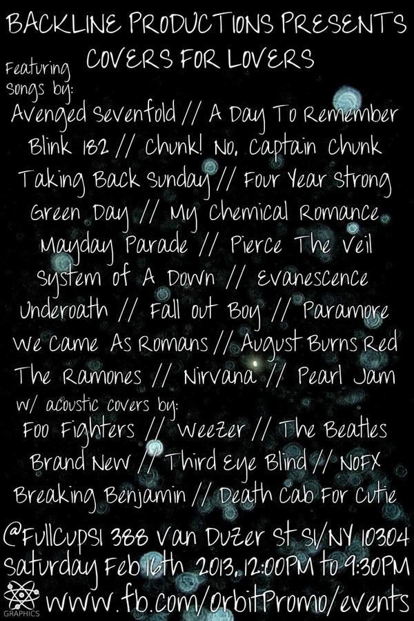 LocalMusicHub's tweet photo. #coversforlovers Feb 16th @fullcupsi songs by A7X ADTR B-182 GD TBS FYS MCR MP PTV SOAD FOB BN &amp; more! @BacklineCO http://t.co/Oz9Xoesj