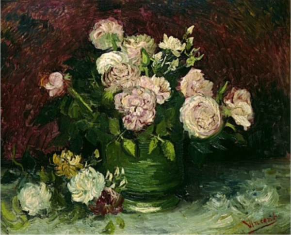 Een schilderij gemaakt genaamd: 'Rozen en pioenen'. <a href="/theodorusvgogh/">Theodorus Van Gogh</a> is dat al beter?