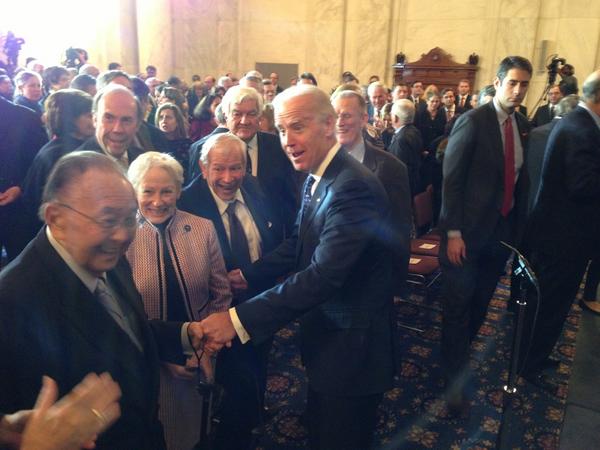Senator Inouye sharing a laugh with <a href="/VP/">Vice President JD Vance</a> Joe Biden at a ceremony honoring the late Senator Warren Rudman