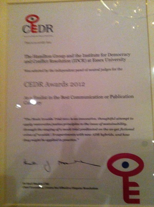 HamiltonGroupHG's tweet photo. Runners up in CEDR awards for the Mock Ecocide Trial and restorative justice process http://t.co/hY1mUtFb