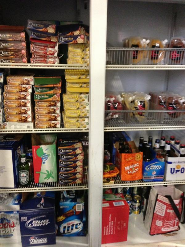 HBergeronCFNE's tweet photo. The official CFNE fridge: Quest Bars, beers, Fuel for Fire, and a lonely box of Coconut water. Keepin' it real. http://t.co/1ITLndkT