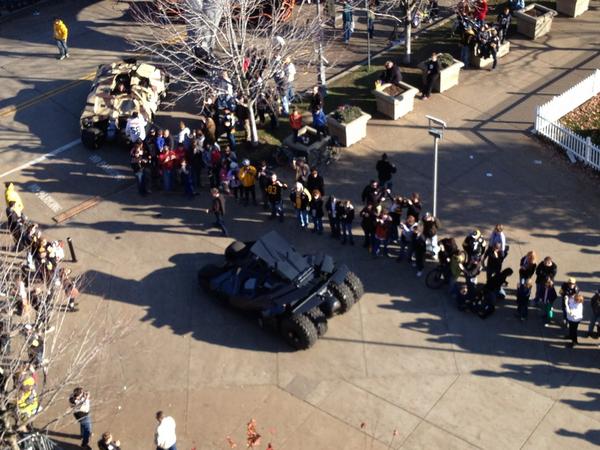 Legendary's tweet photo. #SNF RT @batmobiletour: Bird's eye view from Heinz Field as the Tumblers assume positions. #BatmobileTour http://t.co/baQDRwgr @steelers