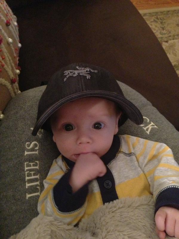 thompsongo's tweet photo. My man Jasper at 10 weeks in his @Arcteryx gear!  Can't wait 'till he actually fits!! http://t.co/2yECds0U