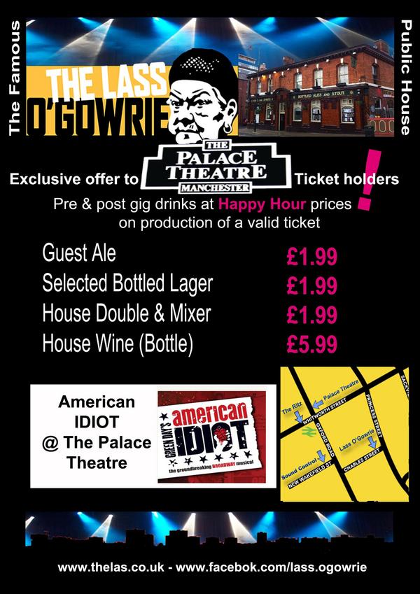 LassPR's tweet photo. @PalaceAndOpera  Great offer from Britain's Pub of the Year The Lass O'Gowrie for Palace Theatre goers Please RT http://t.co/BCoCiBYm
