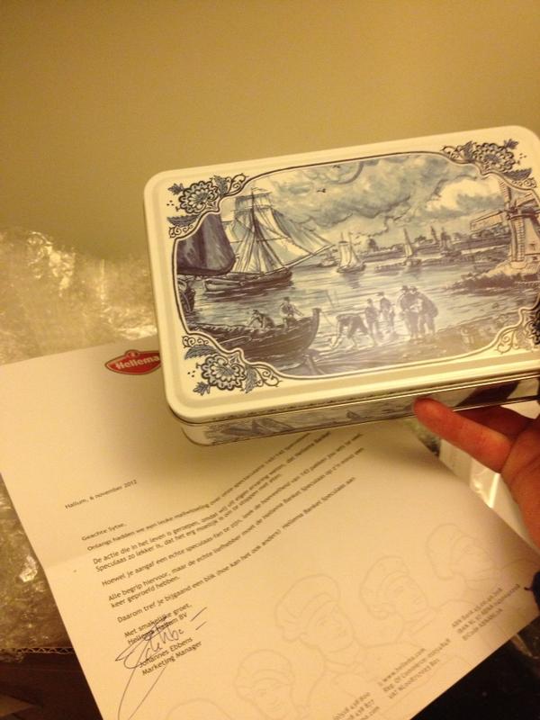 Van <a href="/hellema_nl/">Hellema Chocolade</a> een mooi blik met daarin het 143ste pak koekjes. Eerst een leuke mailwisseling, nu heerlijke speculaas!