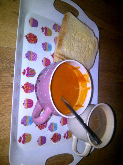 SallYouds's tweet image. Feeling ill! #soup #hotchocolate #butteredbread #unwell #winter #yummy #perfect