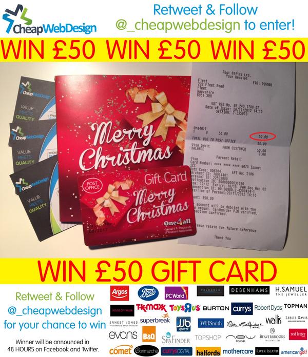 _CheapWebDesign's tweet image. Competition to win a £50 Gift Voucher Retweet this status & follow @_CheapWebDesign to enter! Winner revealed tomorrow!