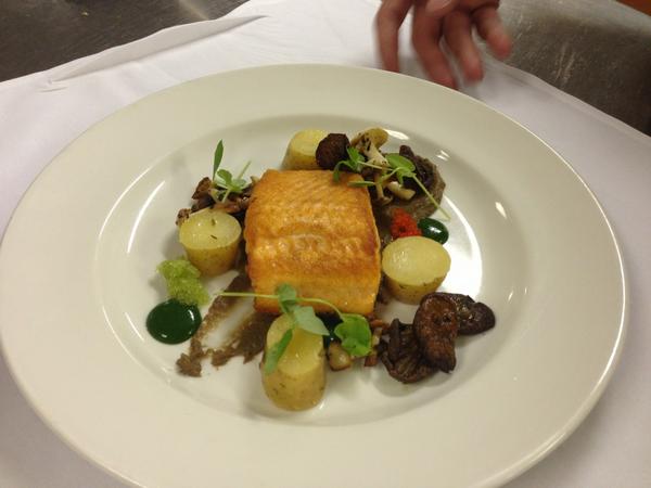Arctic char roasted mushrooms, fondant potato, arugula, an mushroom purée.