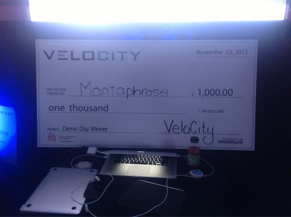 mantaphrase's tweet photo. The giant check we received at #uwDemoDay http://t.co/WY4ZZJbX