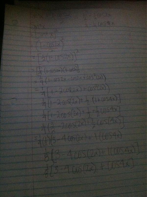ctrl_crtnzl's tweet image. If sin^4 x took all of this... WHY would I want to do cos^4 x • sin^4 x???? #WebAssignProbs