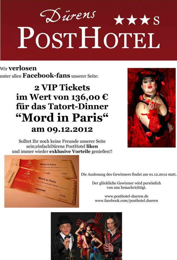 DurensPosthotel's tweet photo. Exklusiv für Facebook Freunde 2 VIP Tickets für das Tatort-Dinner am 09.12.. Näheres auf http://t.co/eRvEf6dC. http://t.co/yIqRLPxh
