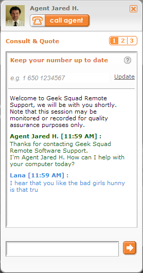 sethrodent's tweet photo. Chatting with Geek Squad<3 http://t.co/q2pVlKgj