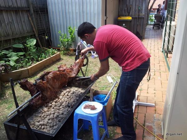 介太残忍了 RT @drgan 同事女儿满月Party，弄了一只30公斤的小牛来，在院子里烧烤。实在是难得的美味。