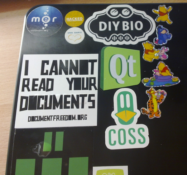 Express resentment against "Winnie-the-Pooh" cases  (theregister.co.uk/2012/11/23/fin…) by attaching sticker to laptop cover