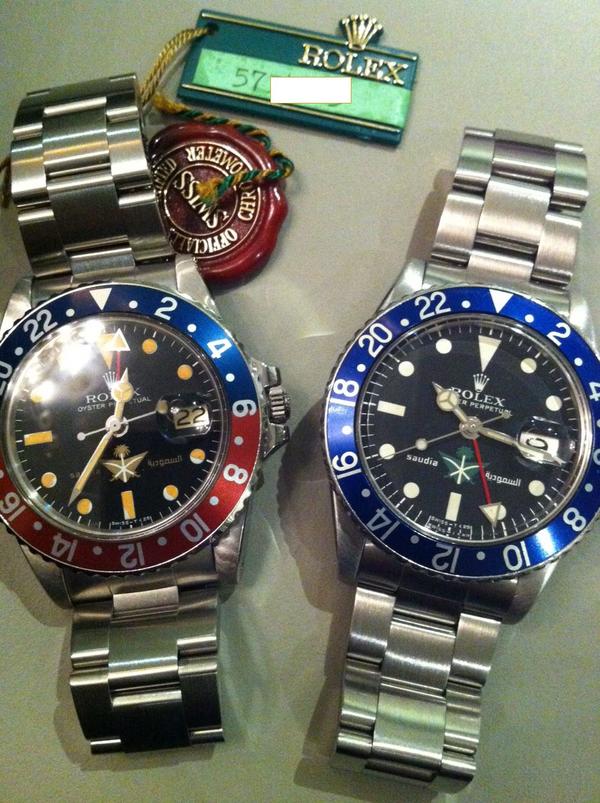 A pair of UNIQUE ROLEX GMT watches specially made for SAUDI AIRLINE in the 70's