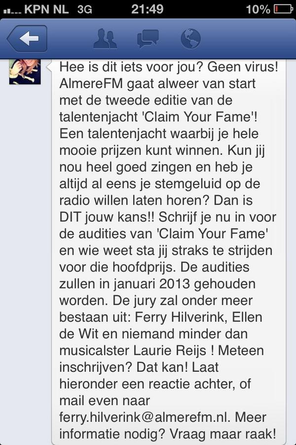 Ellenmetender's tweet image. Altijd al willen zingen op de radio? Lees dan snel de tekst op de foto ! #AlmereFM #ClaimYourFame