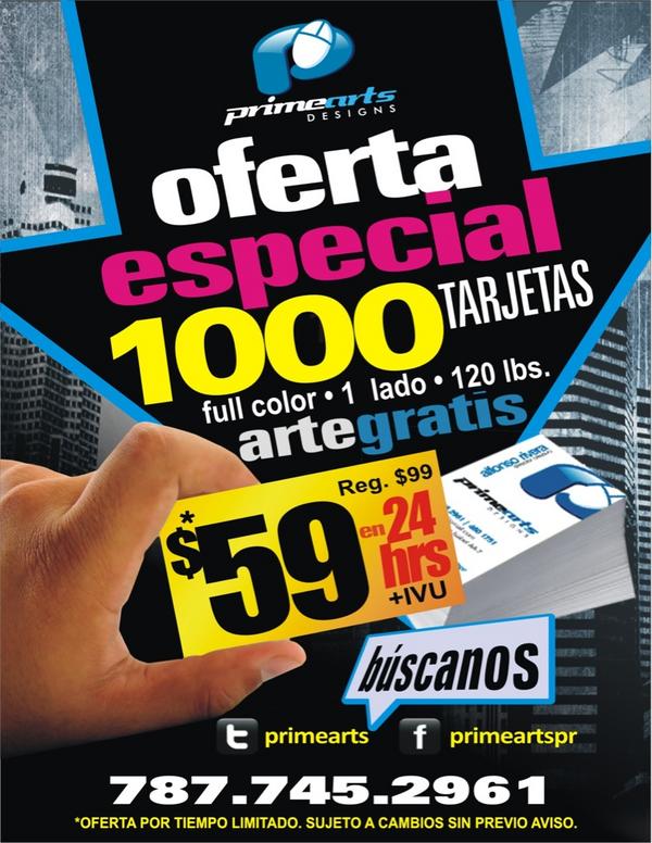 PrimeArts's tweet photo. OFERTA ESPECIAL! 1000 TARJETAS SOLO $59 CON ARTE INCLUIDO. ENTREGA EN 24HRS. *algunas restricciones aplican http://t.co/6OuBZeg4