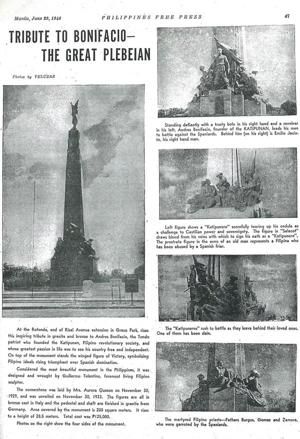 Bonifacio2013's tweet photo. An article in the Philippines Free Press, June 29, 1946, paid tribute to "The Great Plebeian". | http://t.co/es1awU9m http://t.co/tHs41KGs